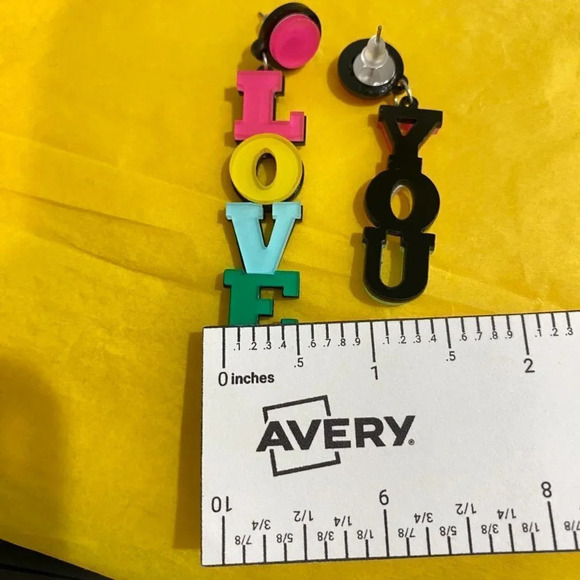 Chunky Acrylic Statement LOVE YOU Earrings – Colorful Pink Yellow Blue Dangle - Picture 4 of 5